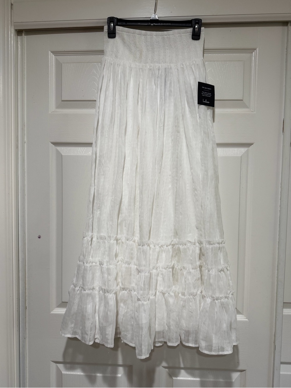 NWT Lulus Sunny Baby White Smocked Tiered High-Waisted Midi Skirt Size Small - Picture 4 of 13
